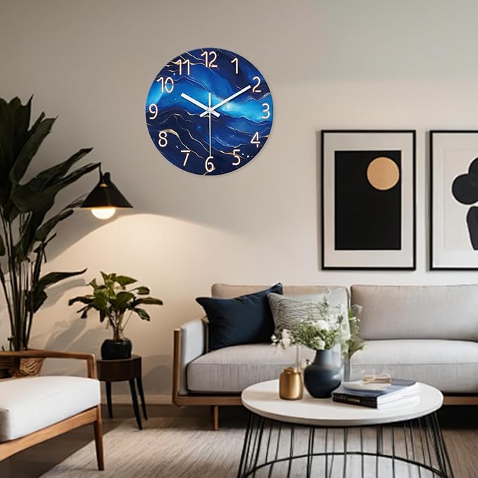 Blue Glass Wall Clocks Battery Operated 20 Inch Marble Large Wall Clocks for Living Room Round Non Ticking Wall Clock Silent-Ruum Studio Home