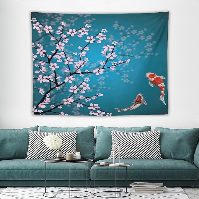 Houselerax Japanese Koi Fish Tapestry, Cherry Blossoms Asian Oriental Green Teal Flower Branch Koi Fish Carp Tapestries Wall Hanging for Bedroom Living Room Office Decor 80"x60"-Ruum Studio Home