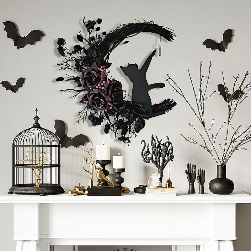 Halloween Wreaths for Front Door with Light, Black Cat on Moon Garland with Rose Wreath Decor, Halloween Decorations Crescent Moon Wreath for Home Party Window Wall Indoor Outdoor (black flower)-Ruum Studio Home