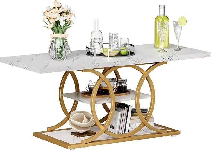 GiftGo Rustic Coffee Table with Storage Modern 3 Tier Center Living Room Table Faux Marble Wooden Rectangle Cocktail Tea Table for Office Bedroom Elegant Full Moon Design (White Gold, L-47)-Ruum Studio Home