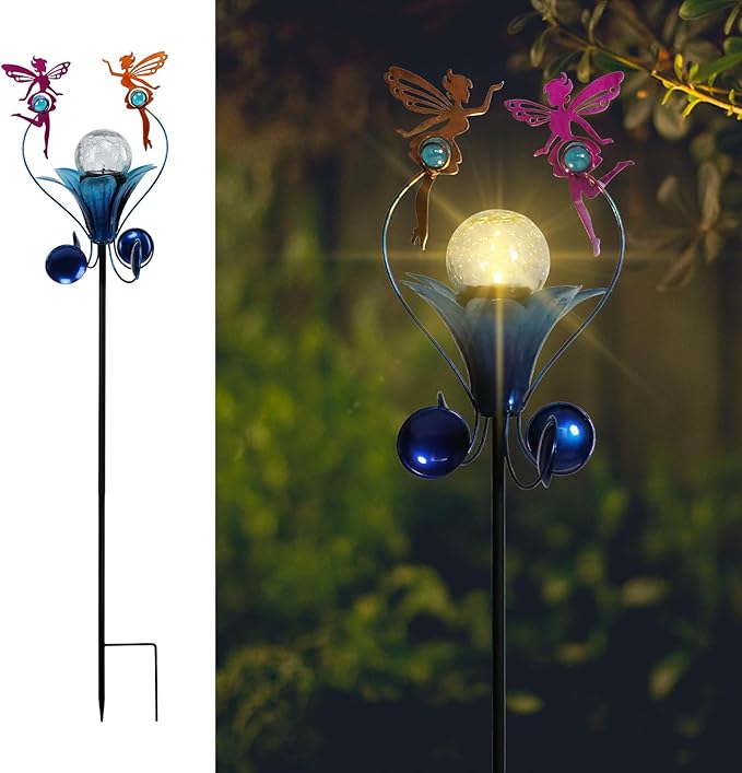 VCUTEKA Solar Lights Outdoor Metal Garden Stake Waterproof Crackle Glass Globe Garden Decor Fairy for Pathway, Lawn, Patio, Yard-Ruum Studio Home