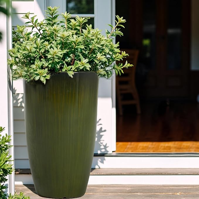 Worth Garden 23.5" H. Large Plastic Planters - Set of 2 Gradient Green Glossy Smooth Finish - Tall Plant Pots for Indoor & Outdoor Use - Decorative Lightweight Flower Pots for Front Porch, Patio, Deck-Ruum Studio Home