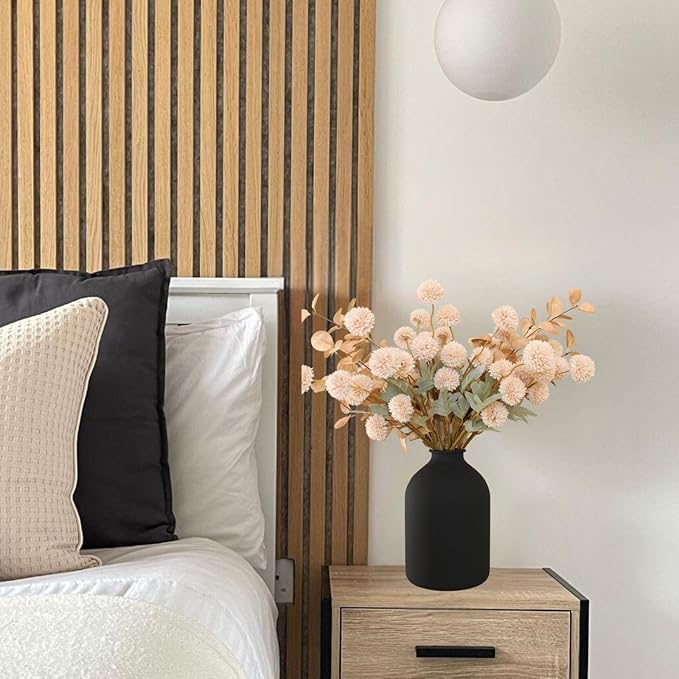 Beige Fake Flowers Silk 10 Stems With Eucalyptus, Faux Flowers For Vase, Artificial Mums Long Stem, Mini Faux Mums Flower Bulk, Tan Nude Cream Neutral Floral, Chrysanthemum Pom Pom Floral Arrangements-Ruum Studio Home