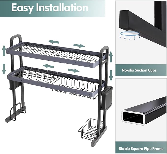 MAJALiS Over Sink Dish Drying Rack, Stainless Steel 2 Tier Large Dish Drainer Above Sink Adjustable 27.5" - 34.6", Expandable Kitchen Counter Organizer Storage Shelf with 6 Hooks-Ruum Studio Home
