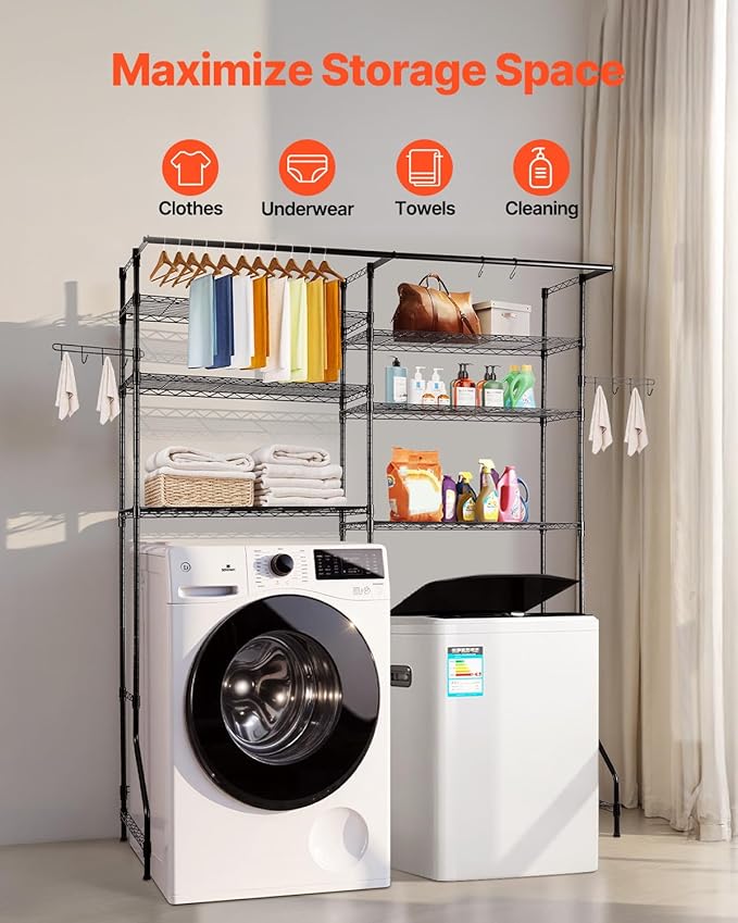 VEVOR Over The Washer and Dryer Storage Shelf, 6 Tier Laundry Room Drying Rack with Hanger Rod and Hooks, Adjustable Over Washer and Dryer Shelves, Laundry Room Shelf Storage Space Saver, Black-Ruum Studio Home