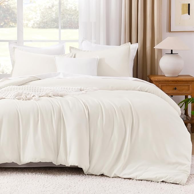 Litanika Ivory Comforter Set Full Size, 3 Pieces Lightweight Solid Bedding Comforter Set, All Season Fluffy Bed Set (79x90In Comforter & 2 Pillowcases)-Ruum Studio Home