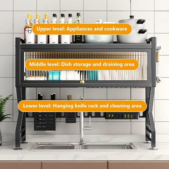 Kitchen sink rack dishwashing sink countertop dustproof cupboard storage multifunctional tableware storage drain rack double layer,KeepKitchen Sink Shlef Organized Space-Saving(Black,85cm/33.5in)-Ruum Studio Home