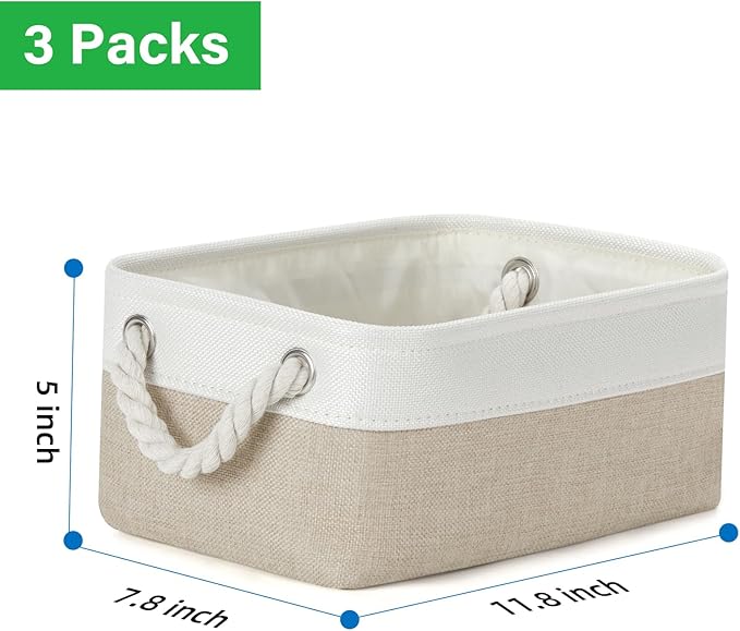 Bidtakay Small Baskets Fabric Storage Baskets for Organizing 3-Pack 12x8x5 Inch Collapsible Storage Bins for Shelves Canvas Bins for Closet Organization Baskets Storage Linen Closet S-White&Beige-Ruum Studio Home