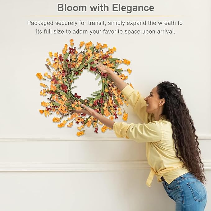 Artgar Fall Wreath, Fall Wreaths for Front Door, 24 in Fall Decor Floral Wreath, Door Wreaths for Front Door Outside All Season for Thanksgiving Home Indoor Outdoor Wall Decor (Red Orange Yellow)-Ruum Studio Home