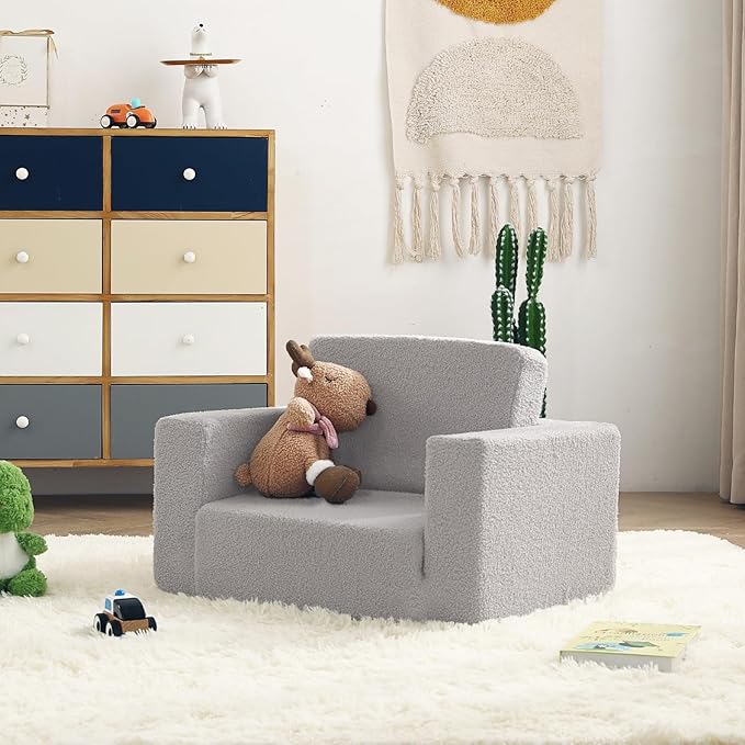 Toddler Chair Sherpa Kids Couch, 2-in-1 Toddler Soft Kids Sofa Toddler Lounger Chair for Bedroom, Convertible Toddler Couch for Girls and Boys, Reading Chair for Kids, Grey-Ruum Studio Home