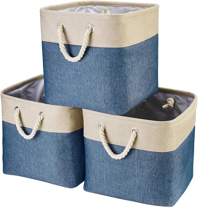 i BKGOO 3Pack Large Foldable Storage Bins，Collapsible Sturdy Cationic Fabric Organizing Storage Basket Cube with Cotton Handles for Home Office Shelf Clothes Toys Khaki-Blue 13×13×13 inch-Ruum Studio Home
