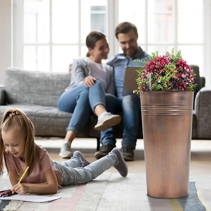 KOL 22''H 2-Pack Planter with Water Level Indicator - Galvanized Steel Pot - Self Watering Planters Flower Pot for Plant - Inner Pot Design - Round Metal Planter Box - Indoor Outdoor Planting - Bronze-Ruum Studio Home