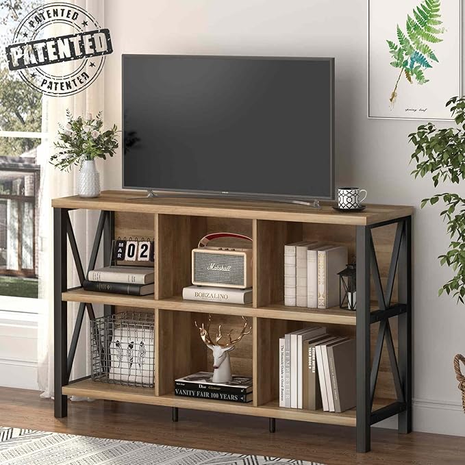 FATORRI 6 Cube Storage Organizer with Shelf, Long Wood and Metal Cubby Bookcase, Industrial Horizontal Bookshelf (Rustic Oak, 47 Inch)-Ruum Studio Home