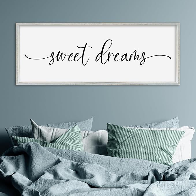 SRSZHIYUE Sweet Dreams Above Bed Wall Decor, 32"x12" Large Rustic Master Bedroom Over Bed Sign Guest Room Couples Wood Framed Farmhouse Horizontal Hanging Decoration (White)-Ruum Studio Home