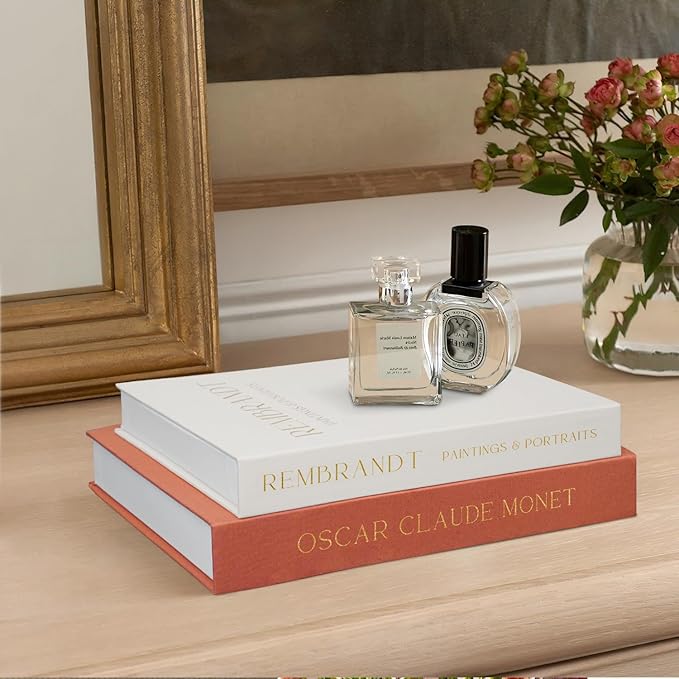 Linen Decorative Books for Home Decor,Set of 2 Aesthetic Faux Decor Book for Decoration,Fake Books for Bookshelf,Keepsake Storage Box (Orange & Beige)-Ruum Studio Home