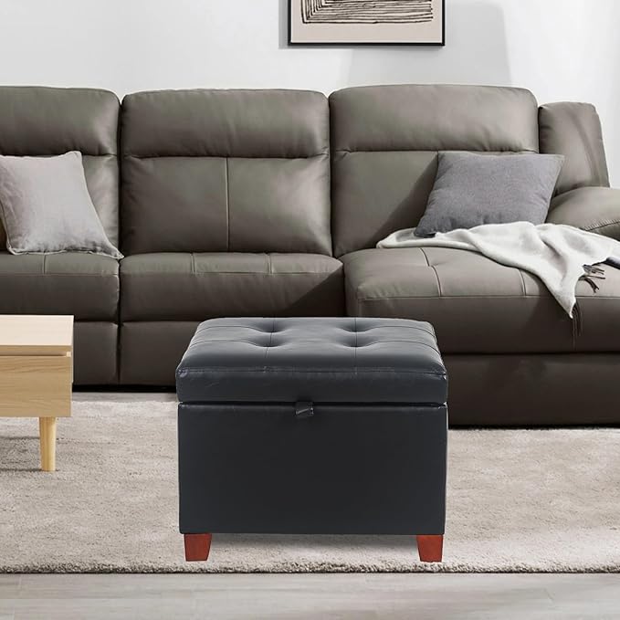 Adeco Faux Leather Storage Ottoman with Hinged Lid, 14 Inch High Black Square Cube Foot Stool with Storage, Upholstered Vanity Stool with Solid Wood Legs for Living Room, Bedroom, Dorm-Ruum Studio Home