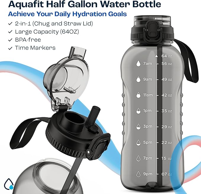 AQUAFIT 64 oz Water Bottle with Time Marker - 2in1 Straw & Chug Lid - BPA Free Big Water Bottle with Straw - Gym Water Bottle with Strap - Water Jug (64 Ounces, Gray)-Ruum Studio Home