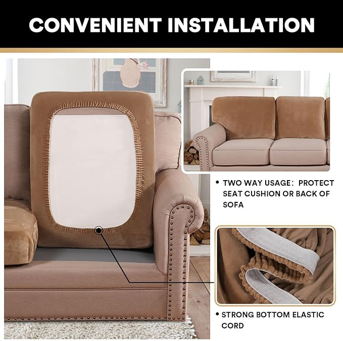 PrinceDeco Velvet Couch Cushion Cover Soft Stretch Cushion Slipcover for Chair Loveseat Sofa Cushion Furniture Protector Seat Cushion Sofa Cover (2 Piece Large Sofa Cushion Covers, Camel)-Ruum Studio Home