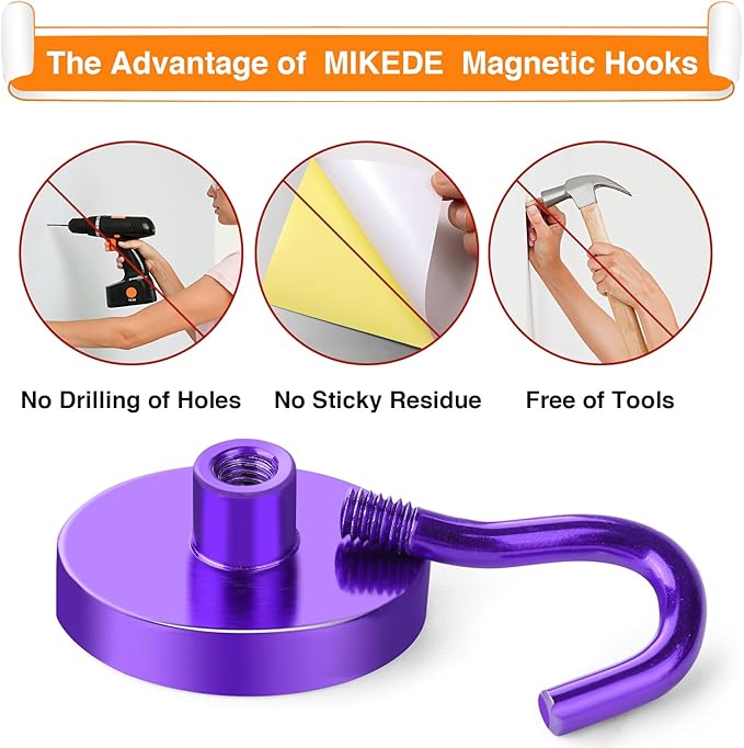 MIKEDE Strong Magnetic Hooks, 110Lbs Heavy Duty Magnetic Hooks for Cruise, Neodymium Earth Magnets with Hooks for Hanging, Super Metal Industrial Magnets for Grill, Storage (Purple,10 Pack)-Ruum Studio Home