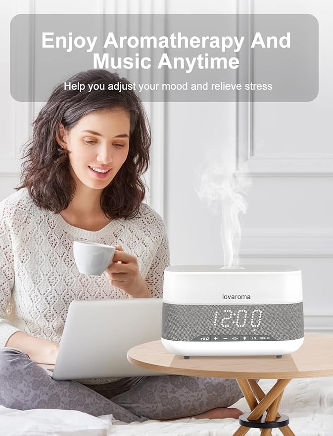 Versatile Essential Oil Diffuser, 300ml Aroma Diffuser with Bluetooth Speaker and Alarm Clock, 7 Colors LED Light Aromatherapy Diffusers & Cool Mist Humidifier 3-Level Brightness, Auto-Off Protection-Ruum Studio Home