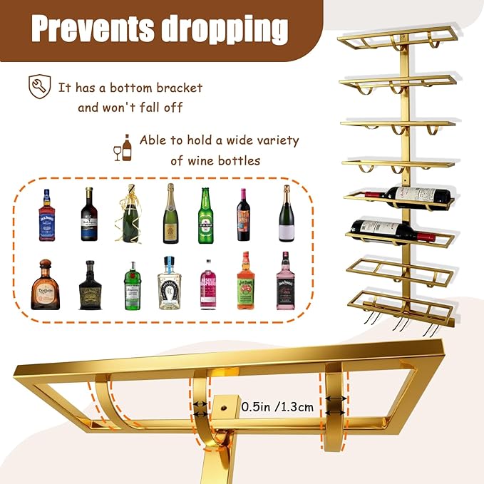 20 Bottle Wall Mount Wine Rack with Wine Glass Holder, Metal Wine Wall Rack, Wall Racks for Wine Bottles Display and Storage, Hanging Bottle Organizer for Living Dining Room Wine Cellar Bar (Gold)-Ruum Studio Home