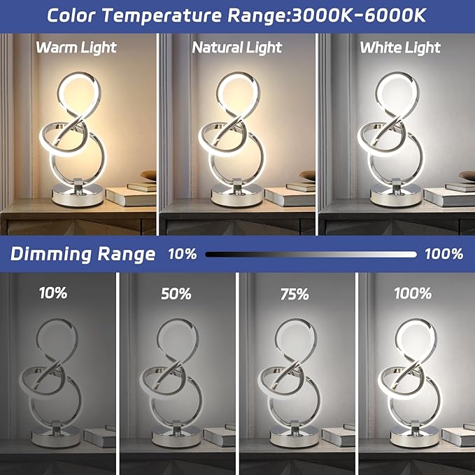 Modern Table Lamp, LED Bedside lamp with USB C+A Ports, Touch Stepless Dimmable Nightstand lamp, Unique Spiral Table lamp for Bedroom Living Room Home Office, LED Spiral lamp, Silver-Ruum Studio Home
