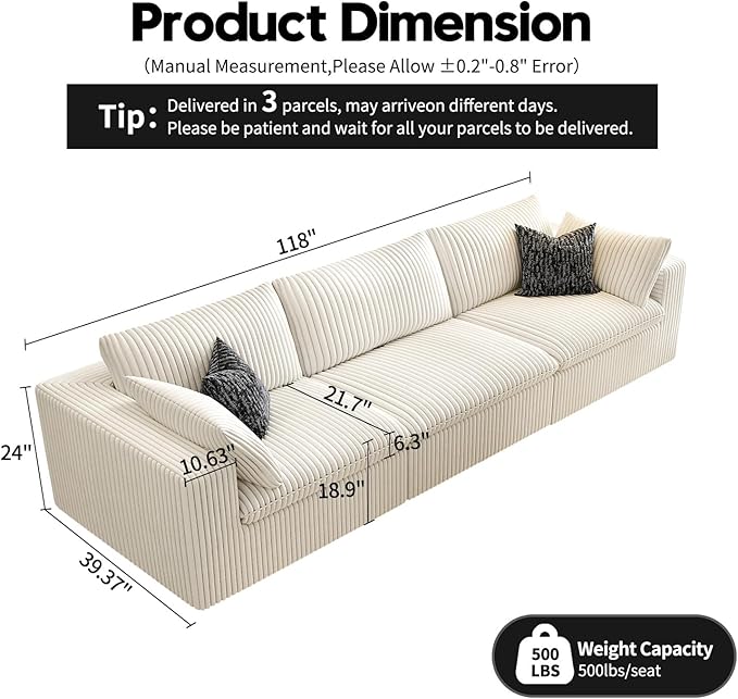 118" Cloud Couch Modular Sectional Sofa for Living Room,Modern Sofa with Deep Seat，3 Seater Boneless Couch,Comfy Upholstered Corduroy Couches for Apartment, Studio, Office,Bedroom，White-Ruum Studio Home