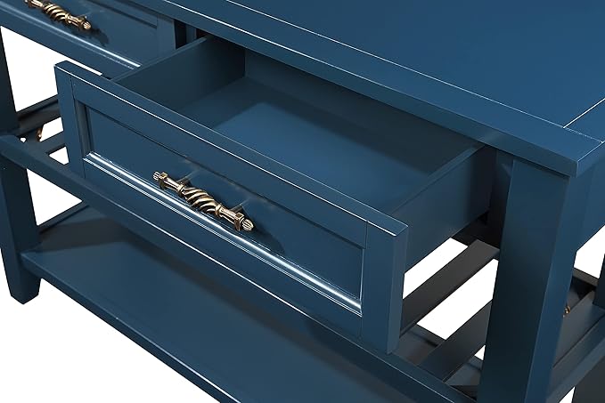 Solid Wood Console Table Entryway Table with Storage Drawers and Shelves Sofa Table for Entry Hallway Foyer(42" Navy Blue)-Ruum Studio Home