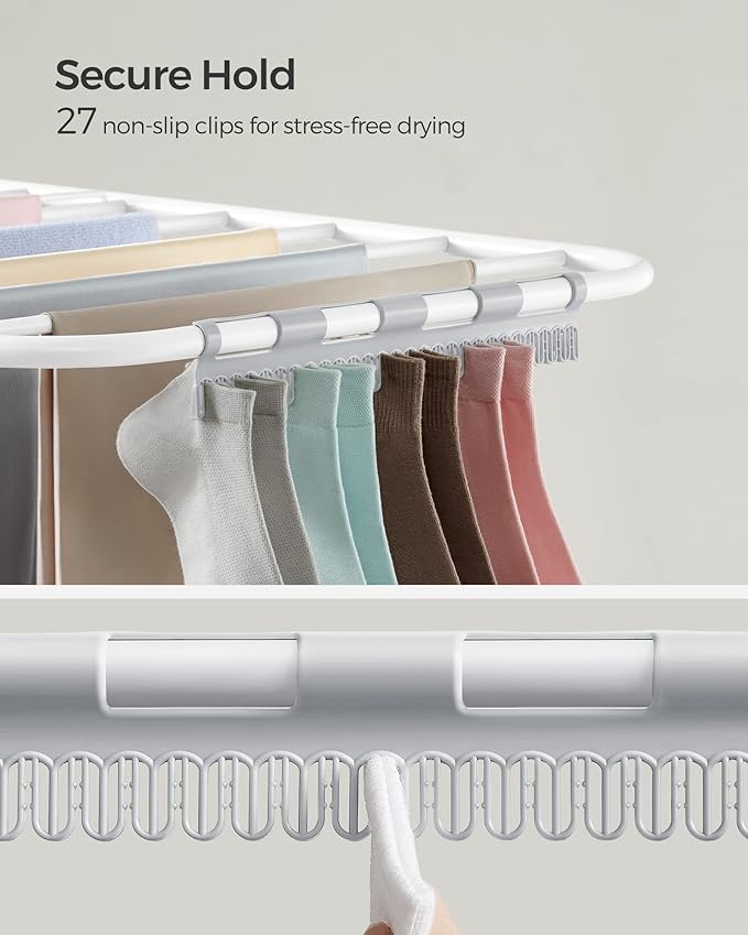 SONGMICS Clothes Drying Rack, Foldable 2-Level Laundry Drying Rack, Free-Standing Laundry Airer, with Height-Adjustable Wings, 33 Drying Rails, Sock Clips, White and Gray ULLR053G01V1-Ruum Studio Home