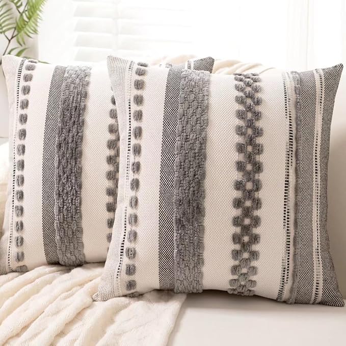 Boho Throw Pillow Covers 18x18 Set of 2 Farmhouse Decorative Cushion Case Striped Square Pillows Cover Chenille Pillow Cases Accent Neutral Pillowcase for Sofa Couch Bed,Gray-Ruum Studio Home