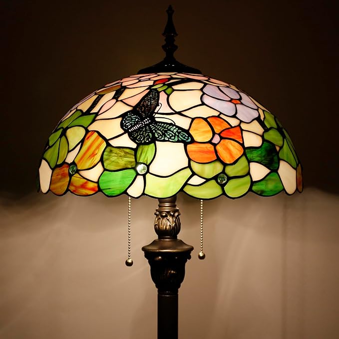 Tiffany Floor Lamp Stained Glass Lamp Standing Reading Light 16x16x70 Inch for Living Room (Butterfly Flowers)-Ruum Studio Home