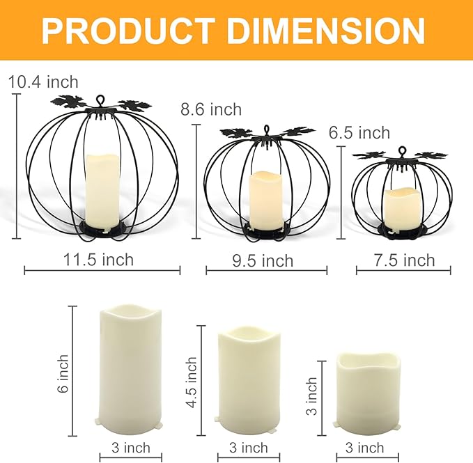 Halloween Metal Pumpkin Candle Holder, 3 Pcs Light up Black Pumpkin Lantern with LED Flickering Yellow Candle Lights Build in Timer for Thanksgiving Halloween Harvest Fall Home Decor-Ruum Studio Home