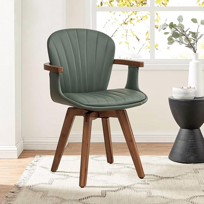 LUNLING Swivel Dining Chairs, Mid Century Modern Green Faux Leather Kitchen Chairs with Arms,Bamboo Legs Side Chairs No Wheels,Accent Chair for Dining Rooms and Offices,1PCS-Ruum Studio Home