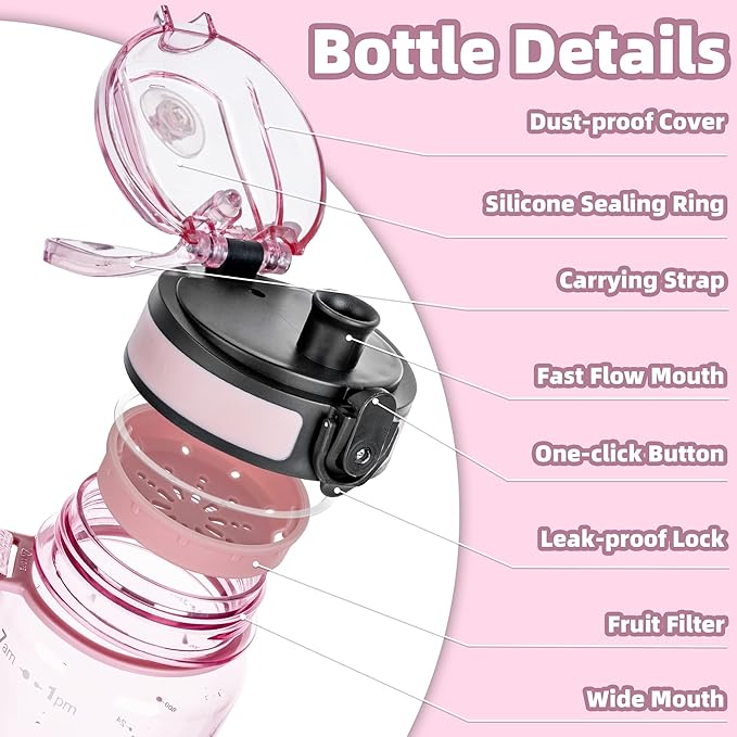 OLDLEY 32 oz Water Bottle, Motivational Water Bottle with Time Marker, Sports Water Bottle With Strap, Leakproof & BPA Free Large Water Bottles for School, Gym, Travel, Tritan, Transparent Pink-Ruum Studio Home