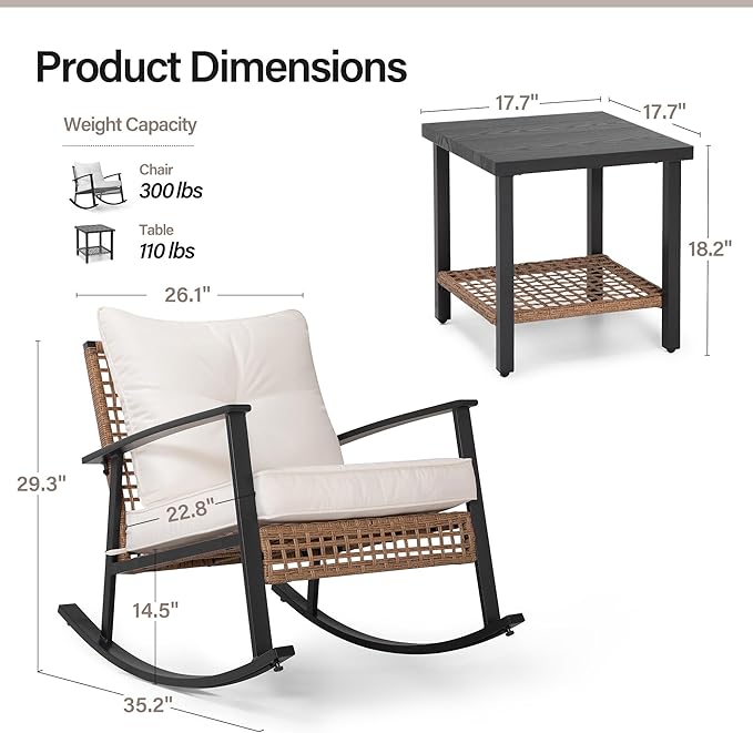 LAUSAINT HOME 3-Piece Rocking Bistro Set, Outdoor Patio Furniture with Thick Cushions and 2-Tier Coffee Table, Oversize Rattan Conversation Set for Garden, Balcony, Backyard (Beige)-Ruum Studio Home