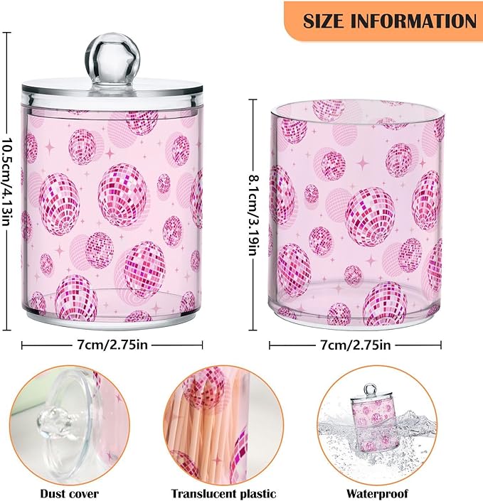2 Pack Qtip Holder Organizer Dispenser Disco Balls Pink Bathroom Storage Canister Cotton Ball Holder Container for Cotton Pads/Swabs/Floss-Ruum Studio Home
