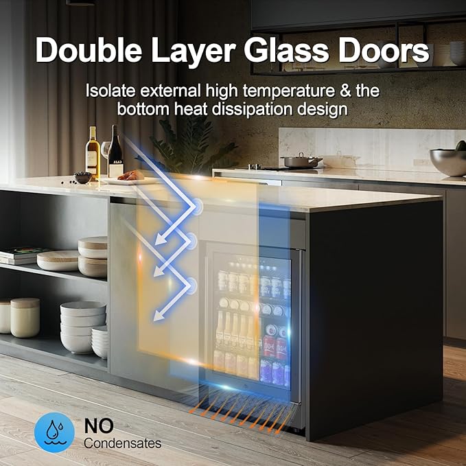 24 Inch Beverage Refrigerator, 5.2 Cu. Ft. Drink Refrigerator with Glass Door, 200 Cans Under Counter & Freestanding Drink Fridge, Reversible Door, Built-In Beverage Cooler for Kitchen, Bar or Office.-Ruum Studio Home