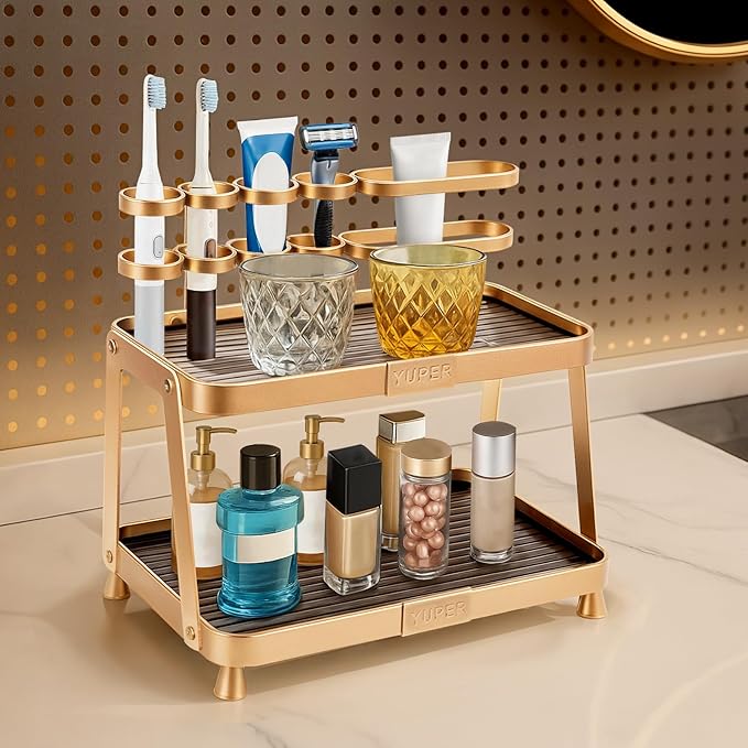 YUPER Bathroom Counter Organizer, 2-Tier Bathroom Organizer Countertop with Toothbrush Holder, Makeup Storage Shelf Vanity Tray Perfume Organizer, Bedroom Kicthen Counter Storage Sink Shelf Gold-Ruum Studio Home