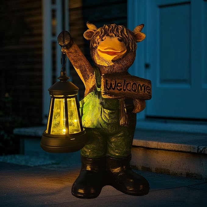 Solar Garden Decor Statues: Handmade Resin Statue with LED Light,Highland Cow Figurine Outdoor Garden Decor Unique Gifts for Women, Mom, Grandma (Green cow1)-Ruum Studio Home