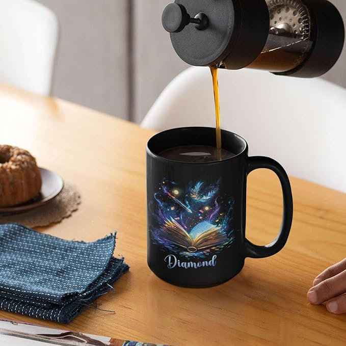 Personalized Sparkling Book Coffee Mug, Custom Name Enchanted Book Design Cup, Customized Fantasy Inspired Ceramic Mug, Gift For Women Men, Book Enthusiasts Black Cup 11oz Or 15oz-Ruum Studio Home