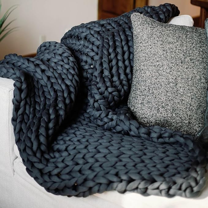 Nuzzie Chunky Knit Blanket - Breathable, Cooling, Hand Made Knit Throw Blanket for Sleep - Machine Washable, Stylish Decor Design (Charcoal, Full | 16lbs | 48"x72")-Ruum Studio Home