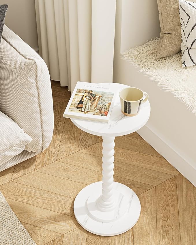Masupu Round Side Table, Small Drink Table for Small Spaces, Pedestal End Table with Solid Wood Leg for Living Room, Bedroom, Corners(Marble White)-Ruum Studio Home