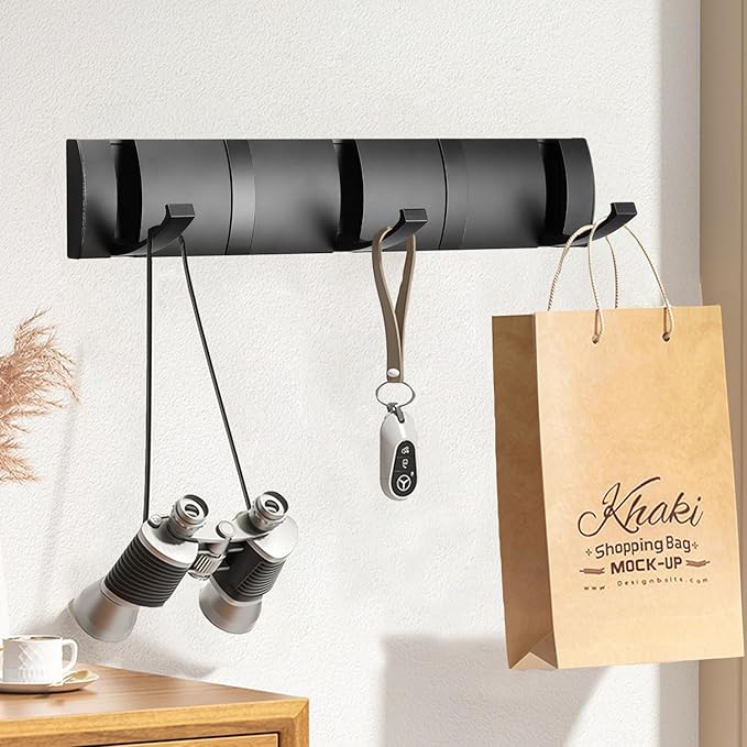 Folding Coat Hooks, Wall Mounted Coat Rack with 5 Retractable Hooks, Heavy Duty Towel Rack for Bathroom Wall Hook for Hanging Clothes Bathrobe, Stainless Steel Coat Hanger for Entryway(Black)-Ruum Studio Home
