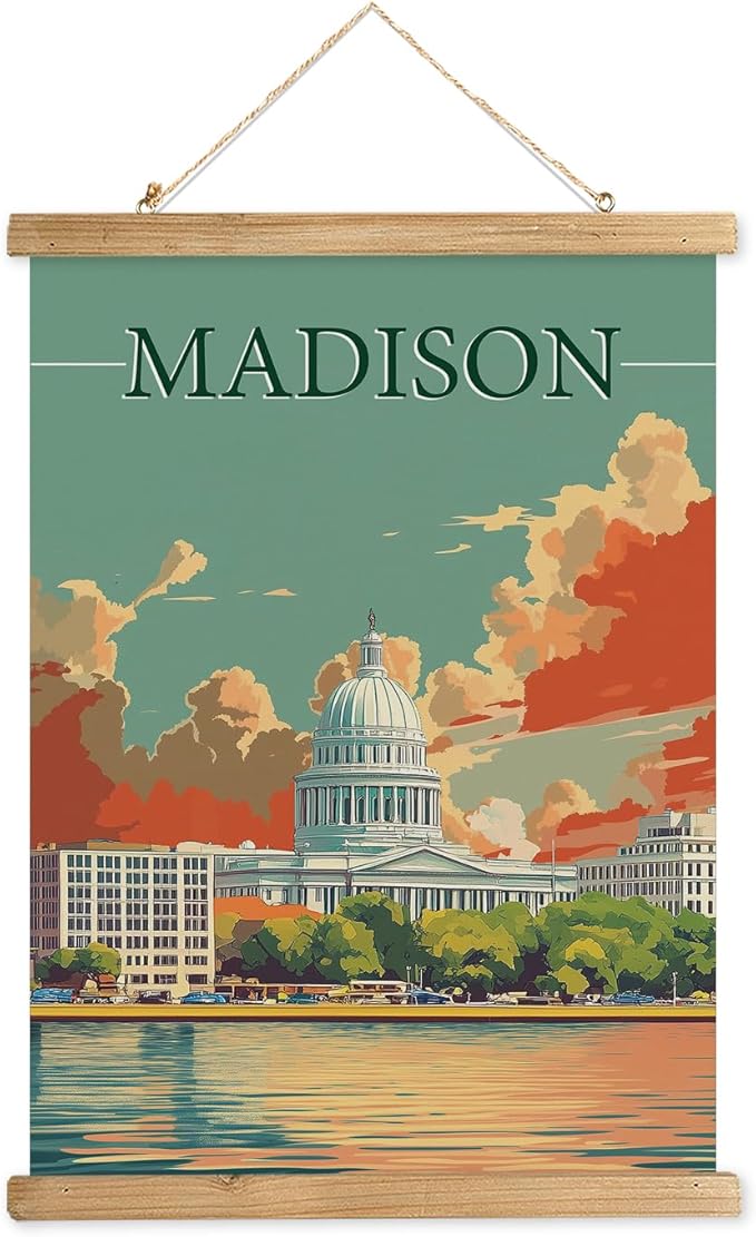 WREVERW Vintage Madison Poster Canvas Print with Wooden Hanger Frame, Featuring the Iconic Wisconsin State Capitol and Lakeside View, Wall Art for Home and Office Decor, 16x23 inches-Ruum Studio Home