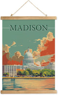 WREVERW Vintage Madison Poster Canvas Print with Wooden Hanger Frame, Featuring the Iconic Wisconsin State Capitol and Lakeside View, Wall Art for Home and Office Decor, 16x23 inches-Ruum Studio Home