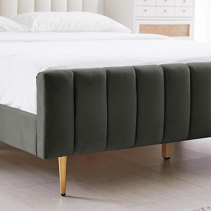 Livinia Twin Size Elton Velvet Platform Bed, Upholstered Bed Frame with Vertical Channel Tufted Headboard Footboard, Strong Wood Slats, No Box Spring Needed, Gray (Twin)-Ruum Studio Home