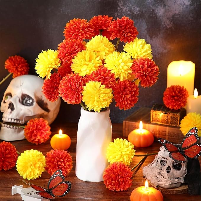 Kimura's Cabin 20Pcs Fake Silk Ball Flowers Artificial Chrysanthemum Faux Mums Bouquets Wedding Arrangements Halloween Home Table DIY Center Decoration (Orange Yellow)-Ruum Studio Home
