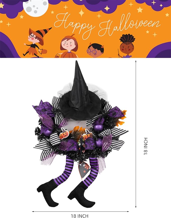 Happy Halloween Wreath for Front Door Decoration with Skeleton Artificial Bone Orange Ornaments Maple Leaf for Party Decor (Halloween Purple)-Ruum Studio Home