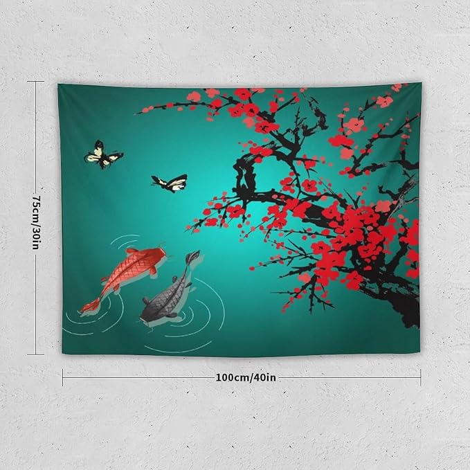 Japanese Koi Fish Tapestry, Cherry Blossoms Asian Oriental Green Teal Floral Branch Koi Fish Carp Tapestries Wall Hanging for Bedroom Living Room Office Decor 40"x30"-Ruum Studio Home