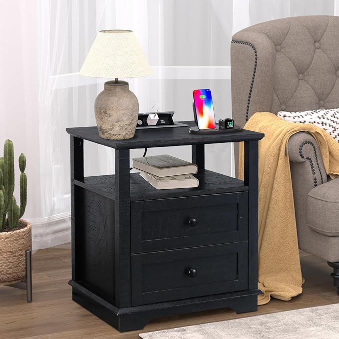 HIFYOBRO End Table with 2 Drawers and Charging Station, Type-C & USB Port & Power outlets, Wooden Storage Nightstand, Large Side Table with Storage for Living Room and Bedroom-Ruum Studio Home